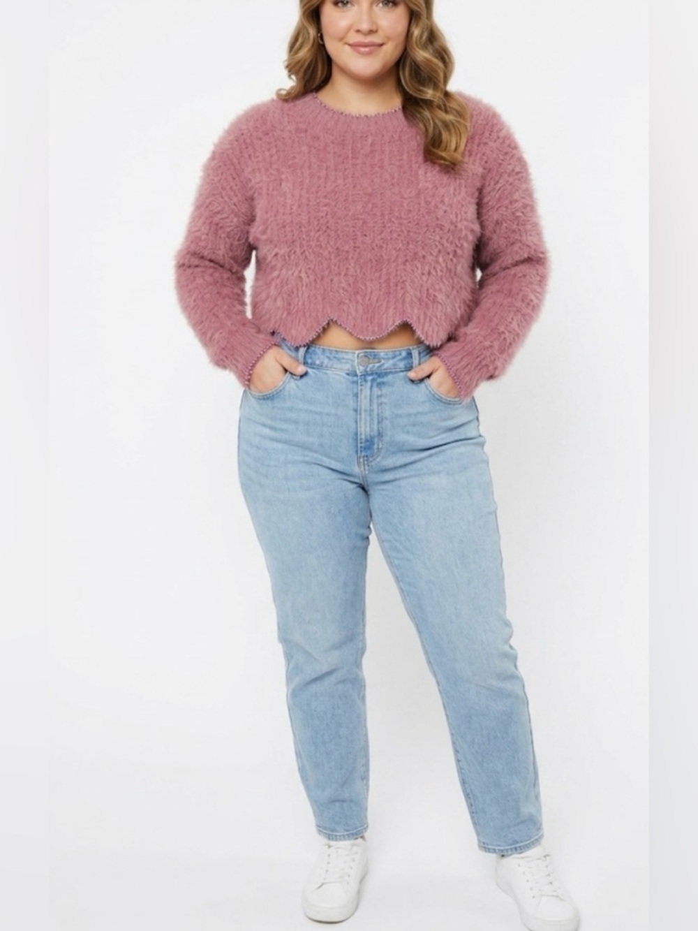 Ivory Rose Pink Eyelash Knit Scalloped Hem Crop Sweater Size Medium